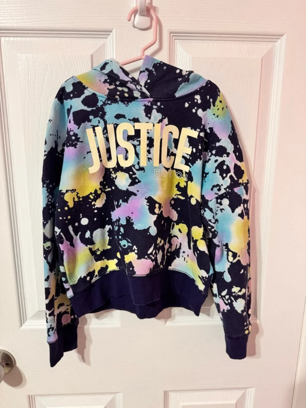Justice Navy Pullover Hoodie with Pastel Tie-Dye and Gold Logo size S 7/8